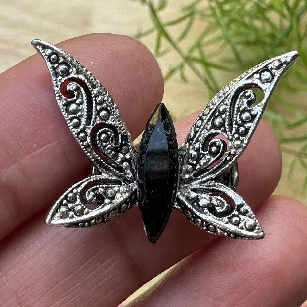 Vintage 1980s Brooch Pin 1.25 Inch Butterfly Black Onyx Silver‎ Filigree Y2K
